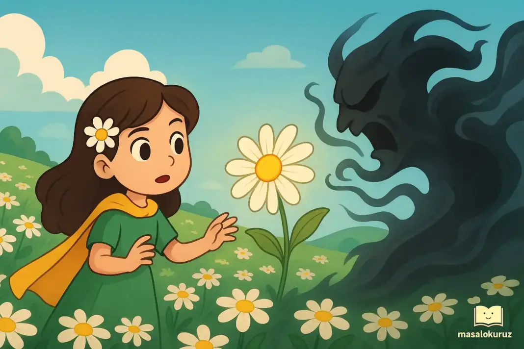 Papatya bahçesinde Gölge Rüzgârı ile karşılaşan Larin Bilge’nin çizgi film tarzı masal görseli.