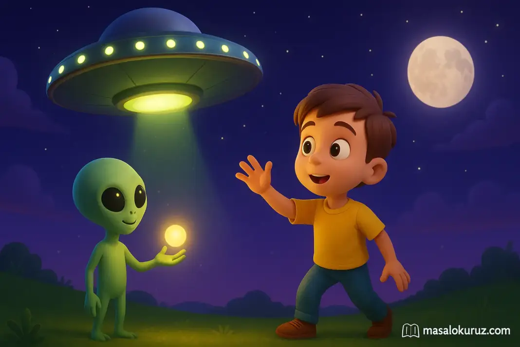 Gece gökyüzünde UFO ile karşılaşan küçük Fuat ve dost canlısı uzaylı Ziro’nun 3D animasyon sahnesi.