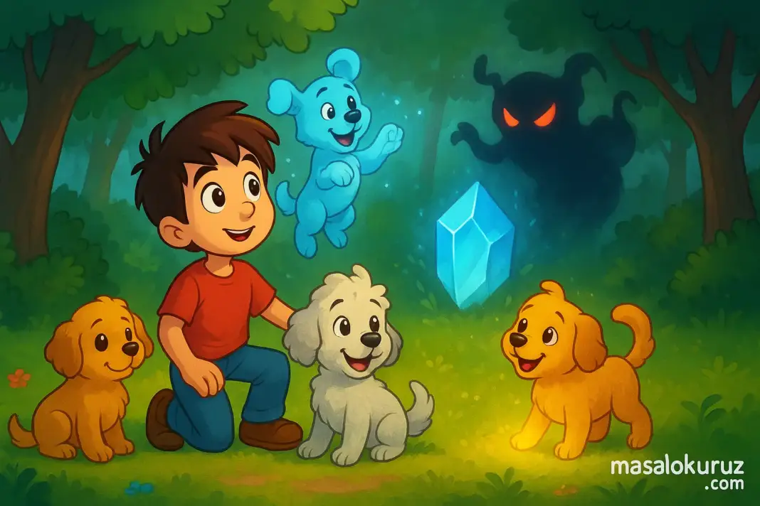 Ormanda kristal ile karşılaşan Kağan Ali ve üç sihirli yavru köpeğin çizgi film tarzı illüstrasyonu.