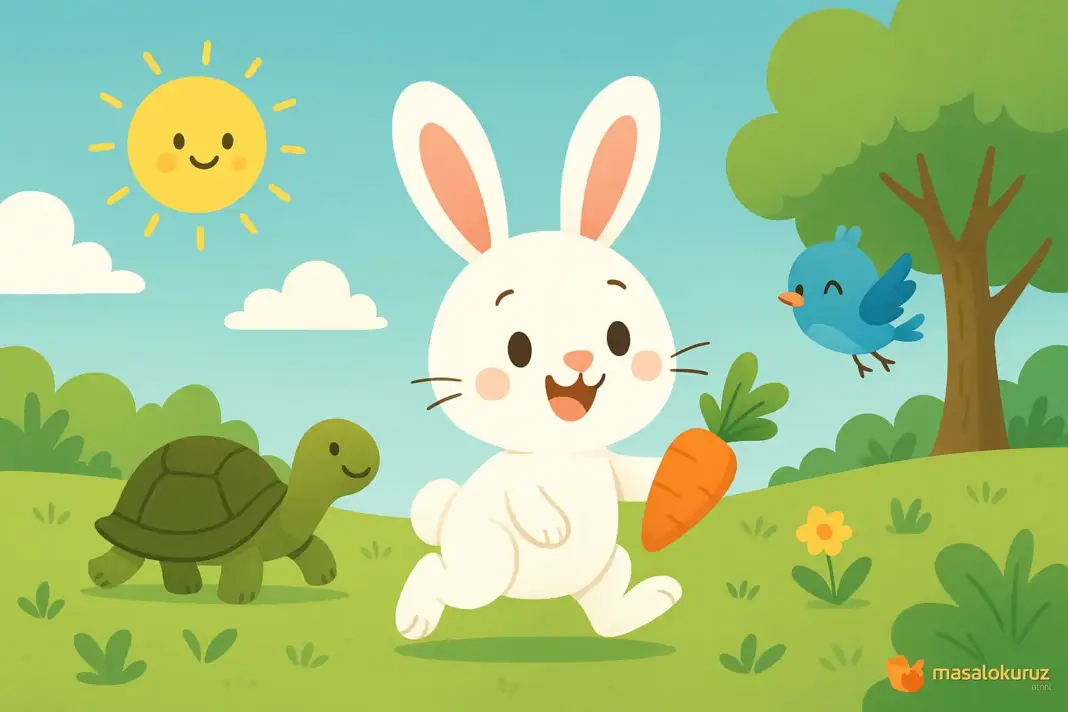 Havuç tutan sevimli minik tavşan, yanında kaplumbağa ve küçük kuşla yeşil bir ormanda çizgi film tarzında koşuyor.