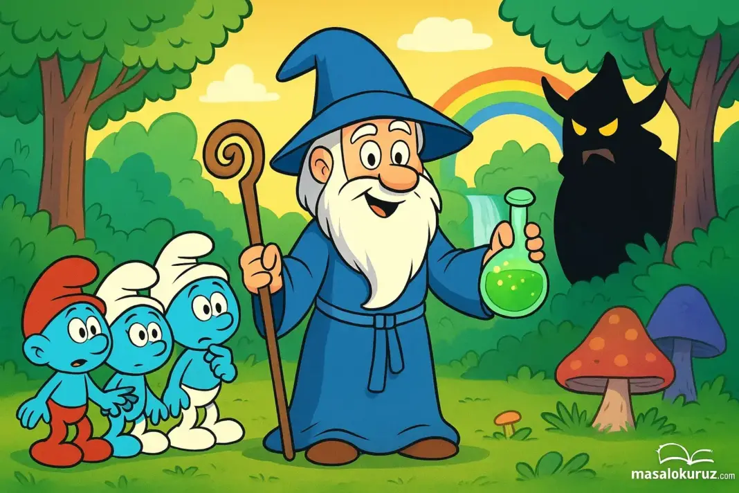 Şirin Baba elinde yeşil iksirle üç küçük şirine sihirli ormanda büyülü bir macerayı anlatıyor, arka planda gökkuşağı ve karanlık gölge figürü görülüyor.