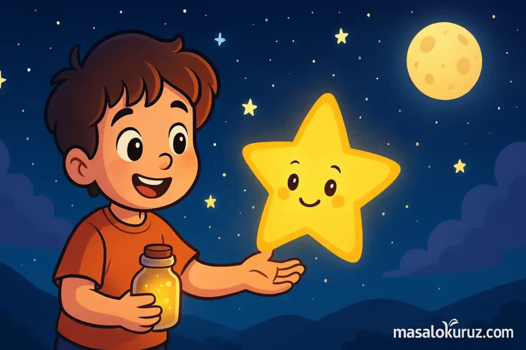 Geceleri yıldız toplayan Eren adlı çocuğun, parlak bir yıldızla buluştuğu çizgi film tarzı masal sahnesi. Yıldız Toplayıcısı masalı illüstrasyonu.