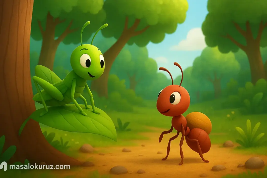3D animasyon tarzında çizilmiş, ormanda konuşan ağustos böceği ve karınca görseli – masal sahnesi