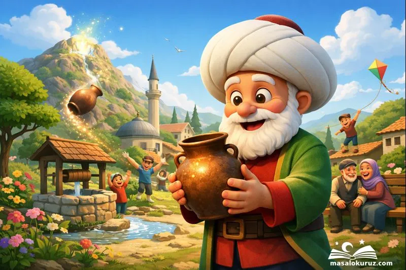 Hoca’nın testideki hayalini anlatan 3D animasyon masal görseli, umut ve paylaşmayı simgeleyen renkli köy sahnesi