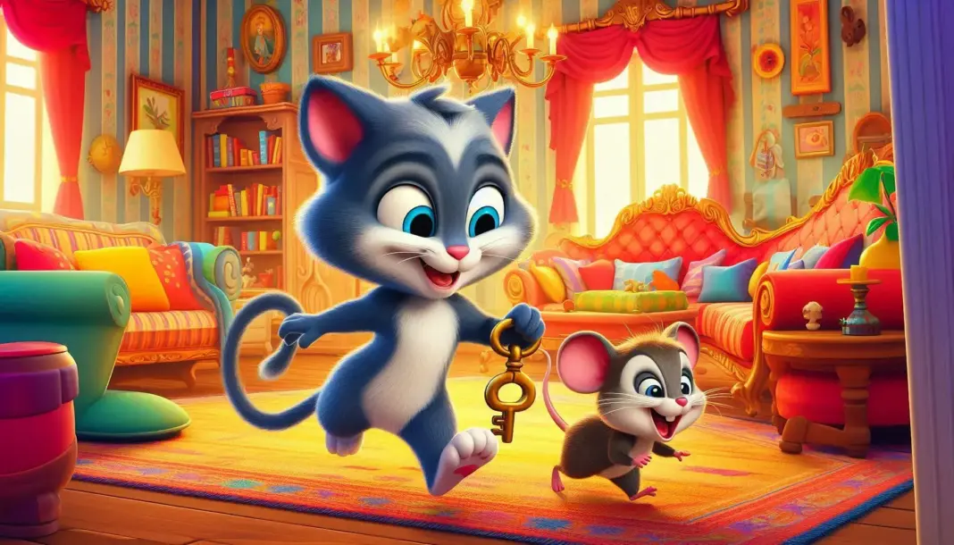 Ormanda altın anahtarı tutan küçük fare Jerry ile siyah tavşanın buluşmasını gösteren 3D masal illüstrasyonu