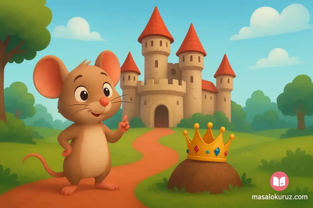 Krallık önünde duran sevimli fare ve taç içeren 3D çocuk masalı illüstrasyonu