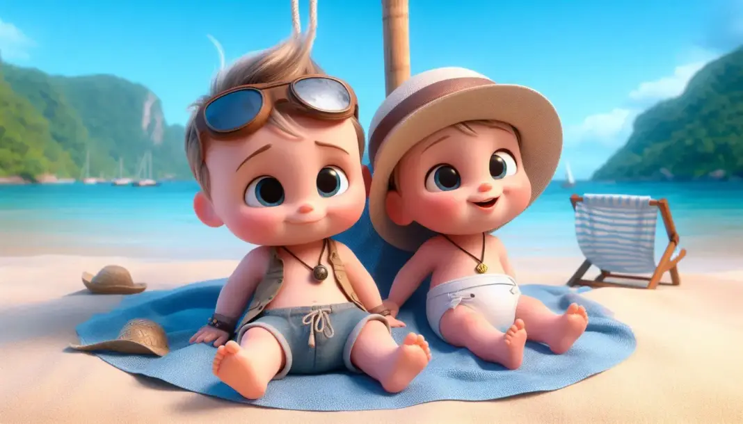 Mira ve Uras bebeğinin sihirli kabuk ve kum perileriyle dolu kumsaldaki 3D animasyon masal sahnesi