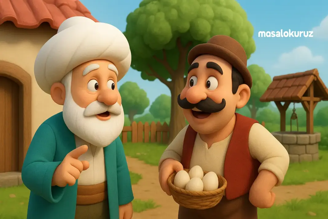 Nasrettin Hoca ve kurnaz komşusunun 3D animasyonlu masal sahnesi, köy ortamı, kuyu ve yumurta sepetiyle birlikte.