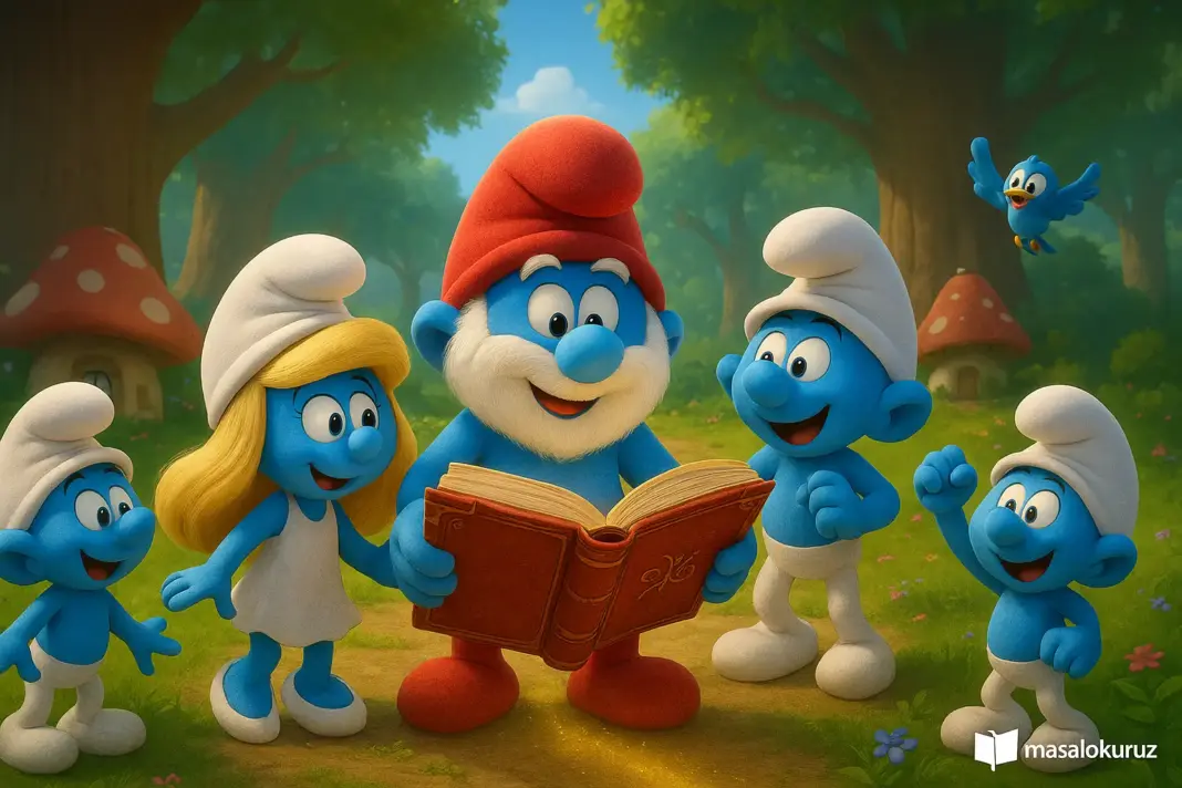 Şirin Baba ve Şirinlerin ormanda sihirli tarif kitabını bulduğu 3D animasyon sahnesi.