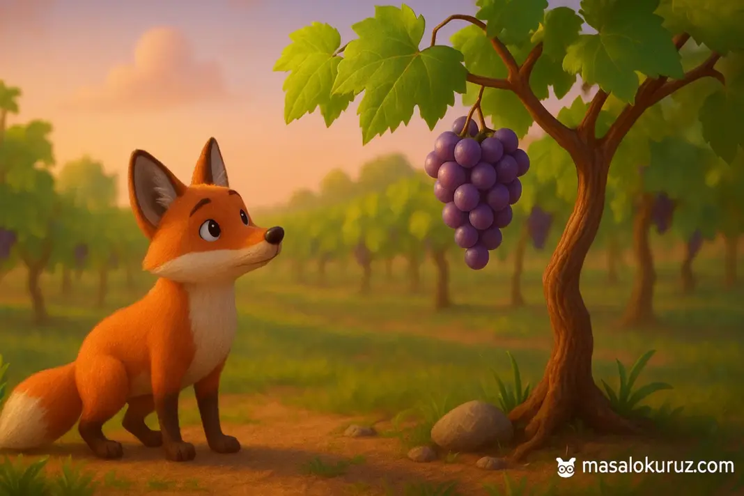 Tilkinin üzüm bağında üzümlere baktığı 3D animasyon masal görseli
