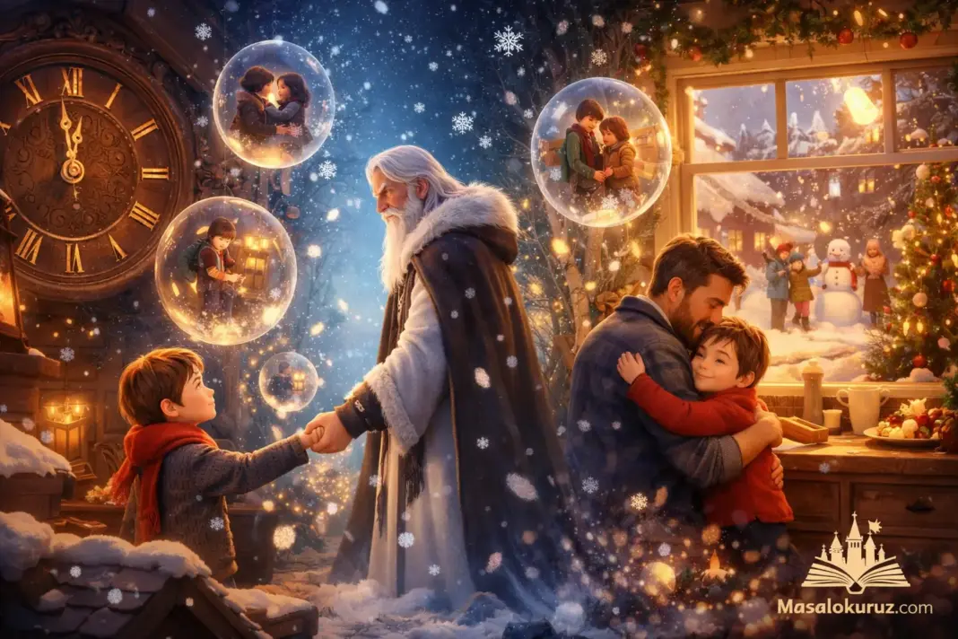 Yılbaşı gecesinde zamanı durduran çocuk Lorin ve Yeni Yıl Muhafızı, unutulan anıları simgeleyen ışıklı kürelerle dolu büyülü bir bahçede, 3D animasyon masal sahnesi