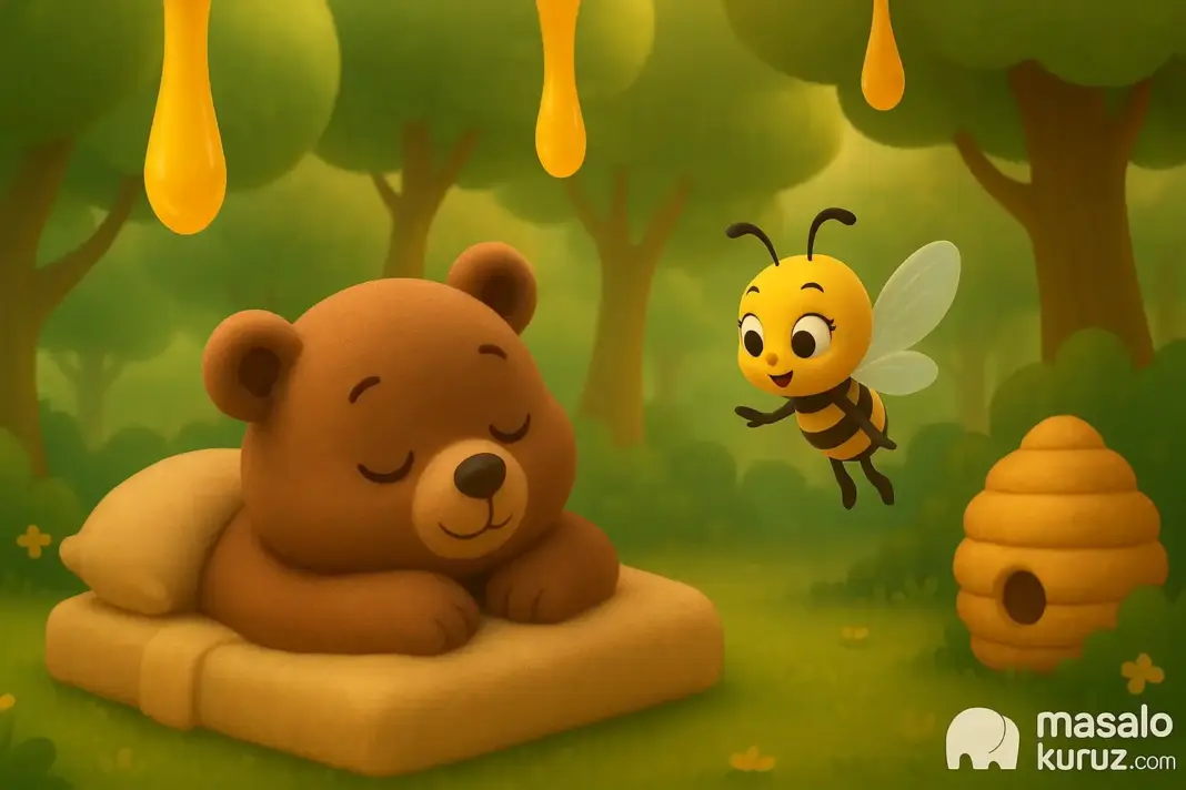 Ormanda yumuşak yatağında uyuyan ayı Bobo ve yanında uçan arı Lila’nın 3D animasyon sahnesi, çocuk masalı illüstrasyonu.