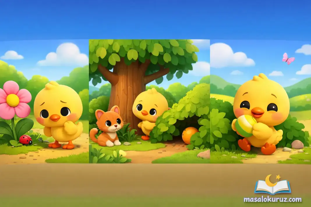 Civciv Mimi kaybolan topunu ararken çiçek, ağaç ve kediyle karşılaşan 3D animasyon masal sahnesi