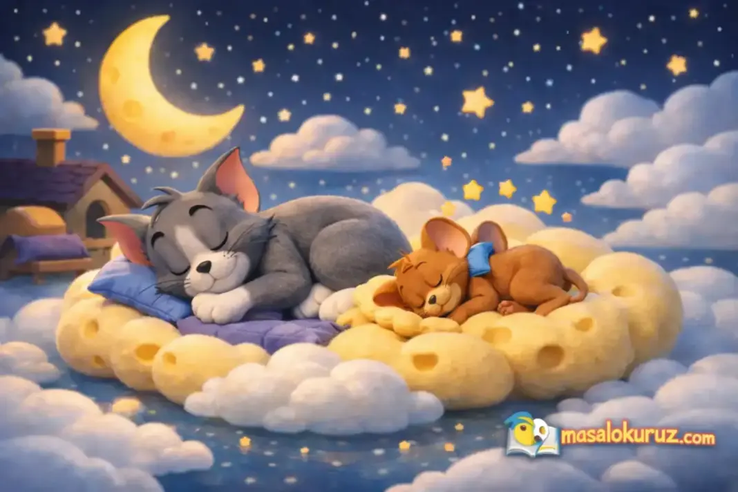 Tom ve Jerry’nin uyku yarışını anlatan, yazısız, yatay formatta 3D animasyon masal görseli