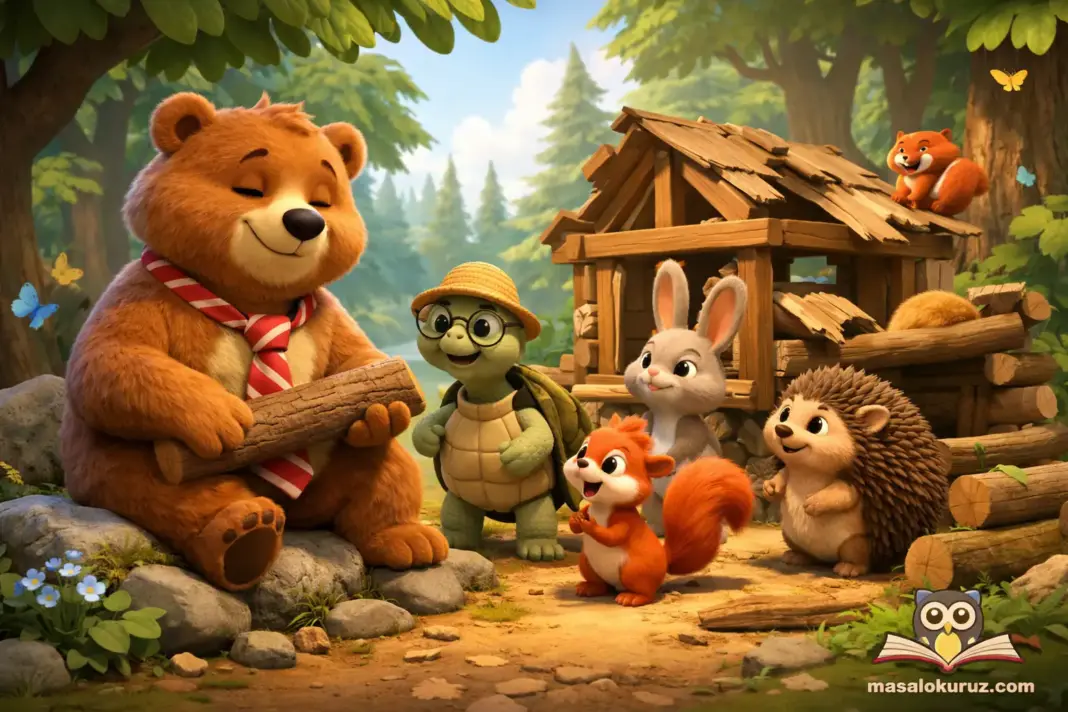 Kravat takan tembel ayının ormanda arkadaşlarına yardım ettiği 3D animasyon masal sahnesi