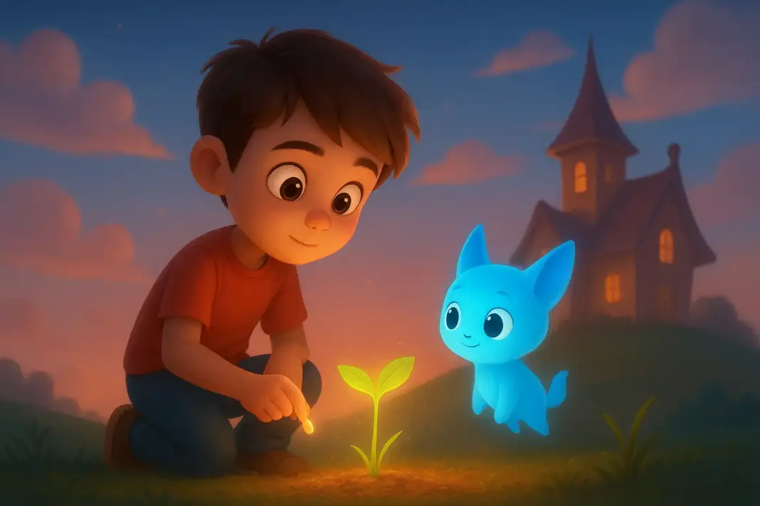 Tom’un ışık tohumunu toprağa ekerken yanında parlayan Mırlık ile büyüyen rüya evini gösteren 3D animasyon sahnesi