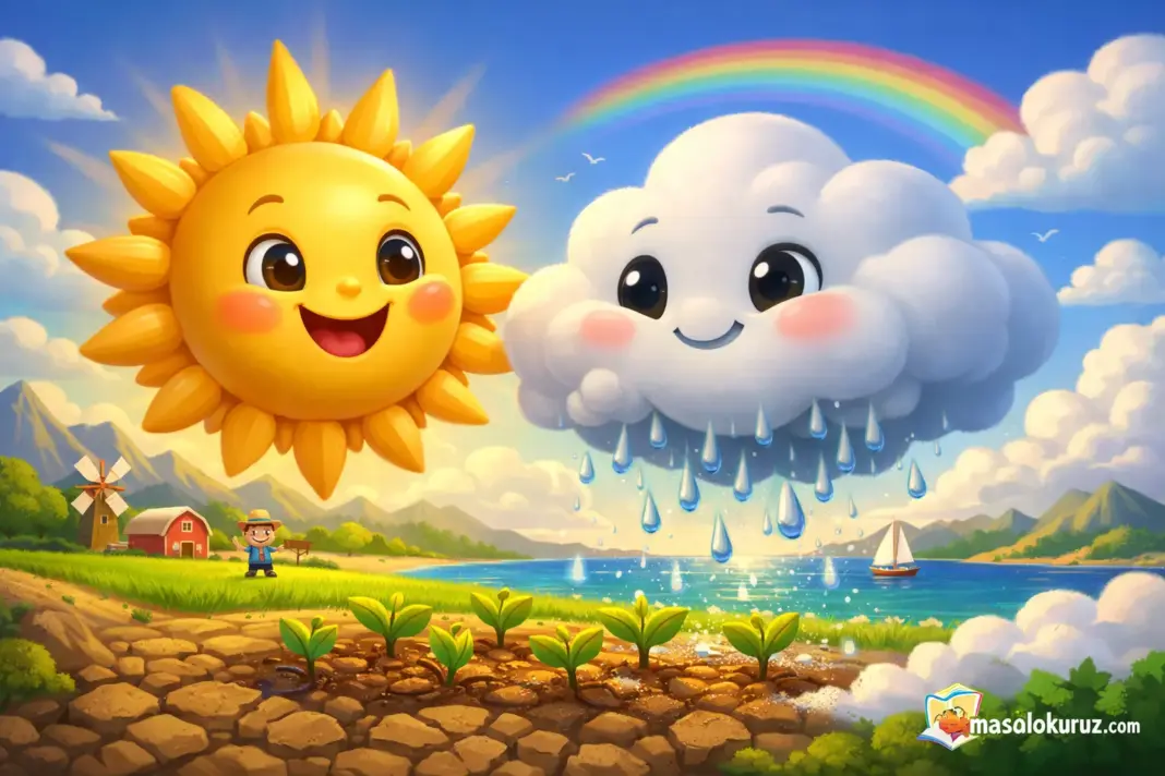 Gülümseyen güneş ve sevimli bulutun yağmur yağdırdığı 3D animasyon çocuk masalı görseli