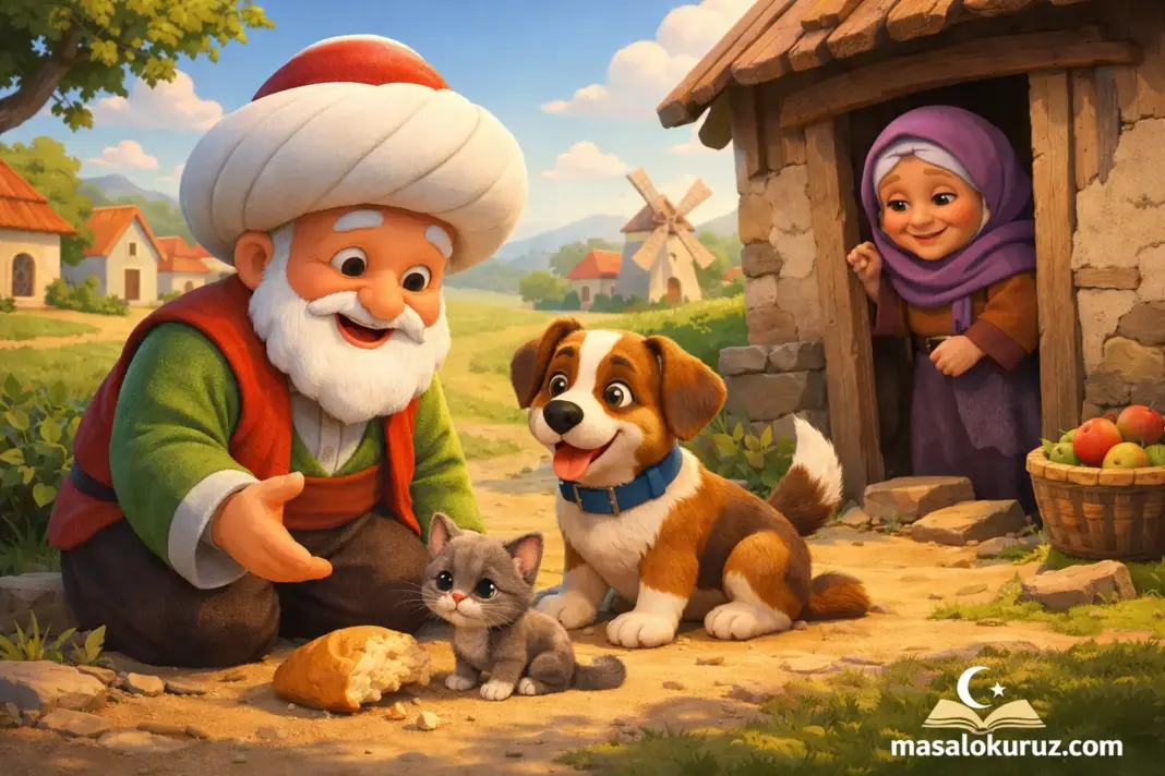 Nasrettin Hoca’nın Bilge Köpek ile birlikte kedi yavrusuna yardım ettiği eğitici çocuk masalı sahnesinin 3D animasyon görseli
