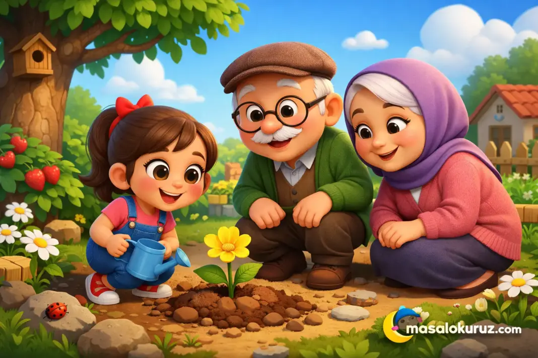 Bahçede dedesi ve ninesiyle birlikte ilk çiçeğini sulayan mutlu küçük kızın yer aldığı eğitici 3D çocuk masalı görseli