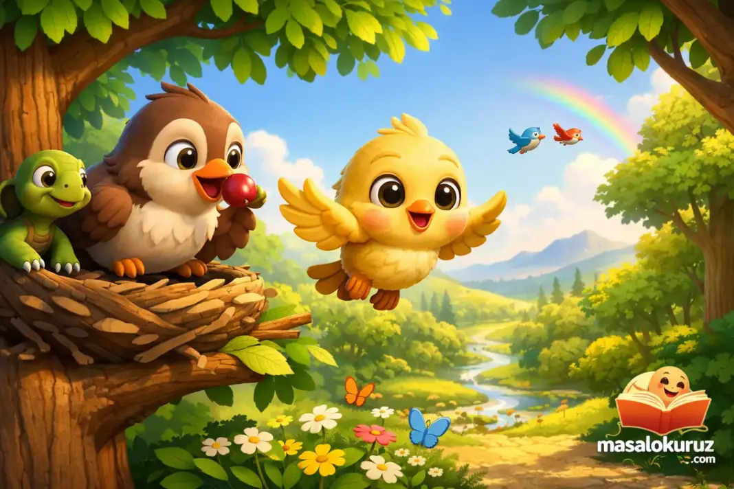 Cıvıl Cıvıl Kuşun ilk uçuşu 3D animasyon sahnesi, anne kuş eşliğinde ormanda uçan sevimli sarı yavru kuş.
