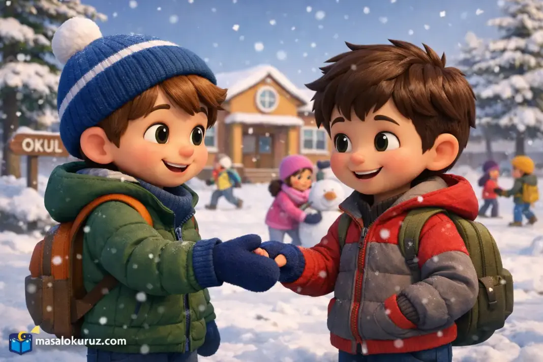 Karlı okul bahçesinde eldivenini arkadaşıyla paylaşan iki çocuğun 3D animasyon görseli