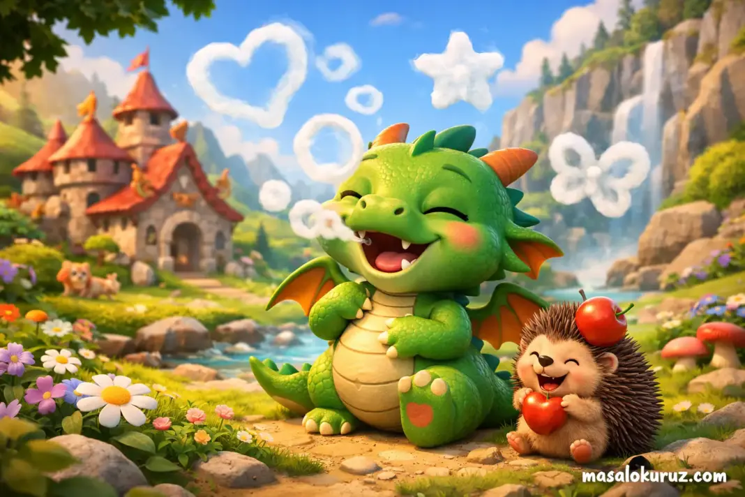 Gülünce hıçkıran sevimli yeşil ejderha ve elmalı kirpi, kalp ve yıldız şeklinde dumanlar çıkarırken 3D animasyon masal sahnesi