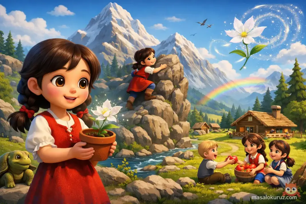 Heidi'nin dağ köyünde Rüzgar Çiçeği ile macerasını anlatan yatay formatta 3D animasyon çocuk masalı görseli