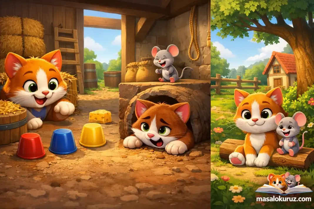 Kedi ve farenin dostluk kurduğu eğitici çocuk masalını anlatan yatay formatta 3D animasyon çizim