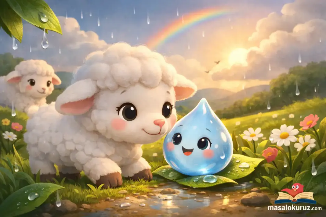 Kuzu Lili ve sevimli yağmur damlasının çiçekli çayırda 3D animasyon bebek masalı sahnesi