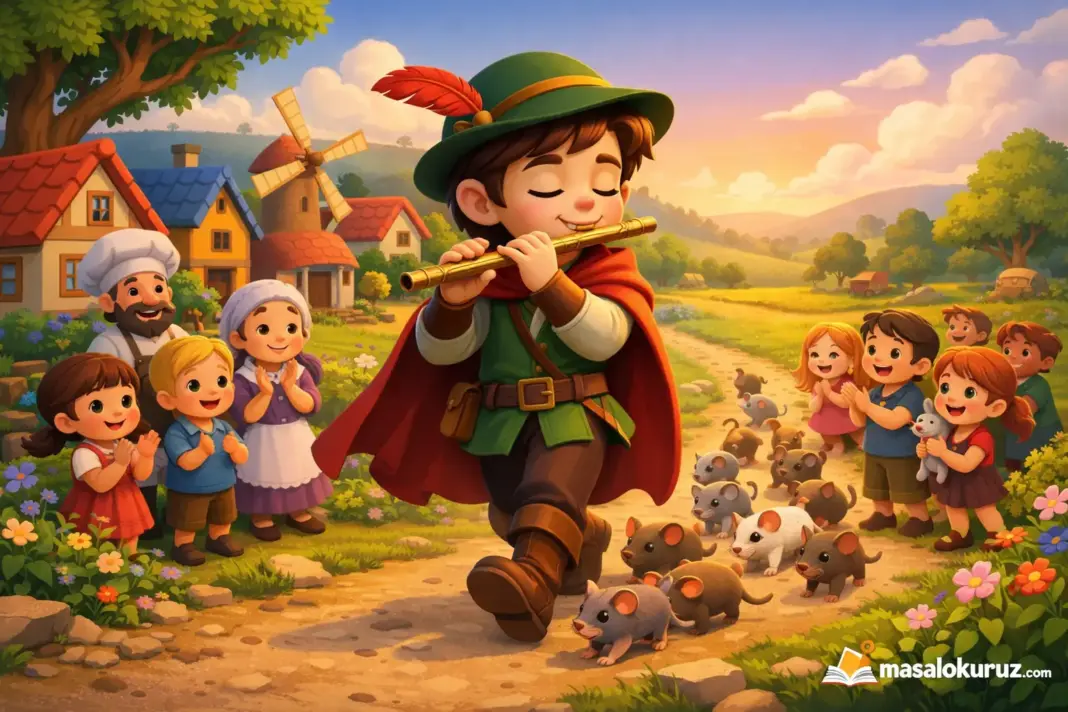 Fareli Köyün Kavalcısı masalını anlatan, kaval çalan çocuk ve onu takip eden farelerin yer aldığı renkli 3D animasyon sahnesi