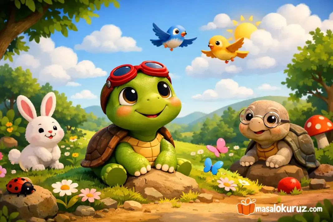Uçmak isteyen sevimli kaplumbağanın kuşlar ve hayvan dostlarıyla ormanda geçtiği 3D animasyon çocuk masalı görseli