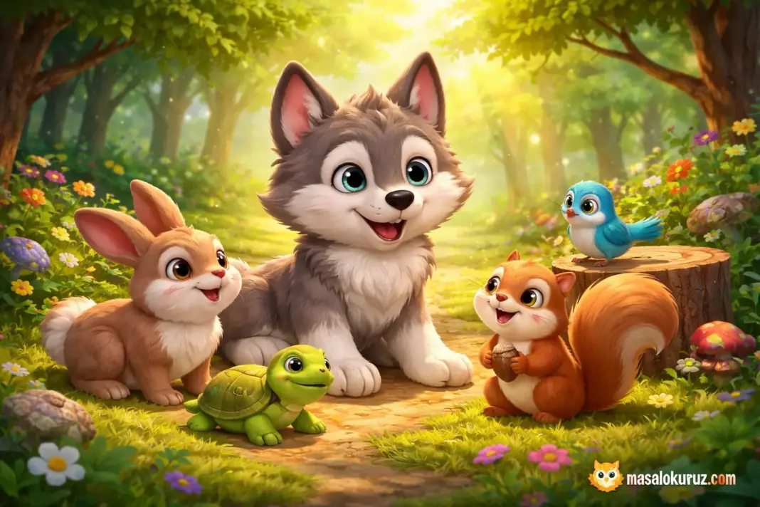Küçük kurt ve hayvan dostlarının ormanda birlikte olduğu 3D animasyon çocuk masalı sahnesi