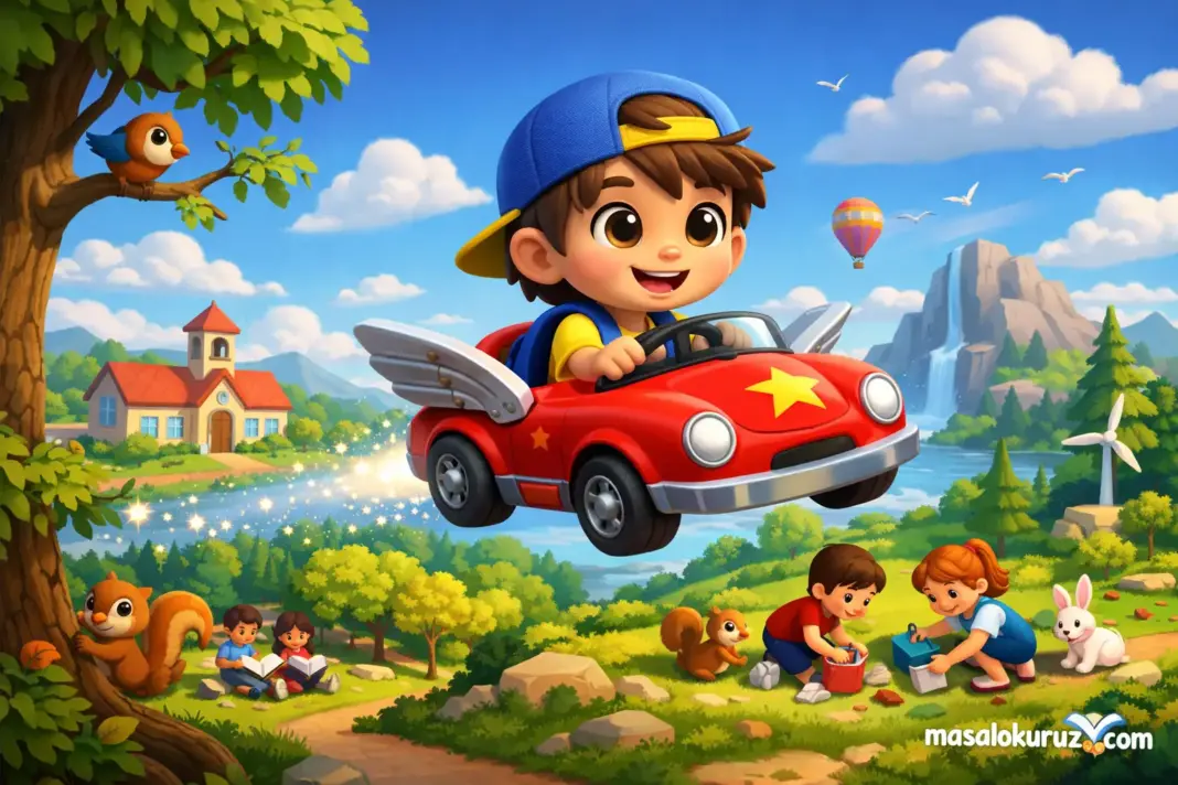 Uçan oyuncak arabayla gökyüzünde uçan çocuk ve doğayı koruyan çocukları gösteren 3D animasyon tarzında eğitici çocuk masalı görseli.