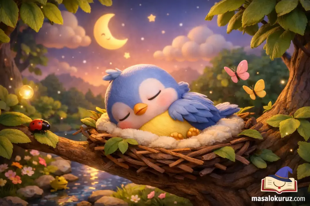 Ağaç dalındaki yuvasında uyuyan sevimli minik kuş, gece manzarasında ay ve kelebeklerle 3D animasyon tarzında