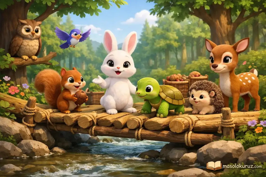 Akıllı tavşan Momo ve arkadaşlarının ormanda birlikte köprü yaptığı 3D animasyon masal sahnesi