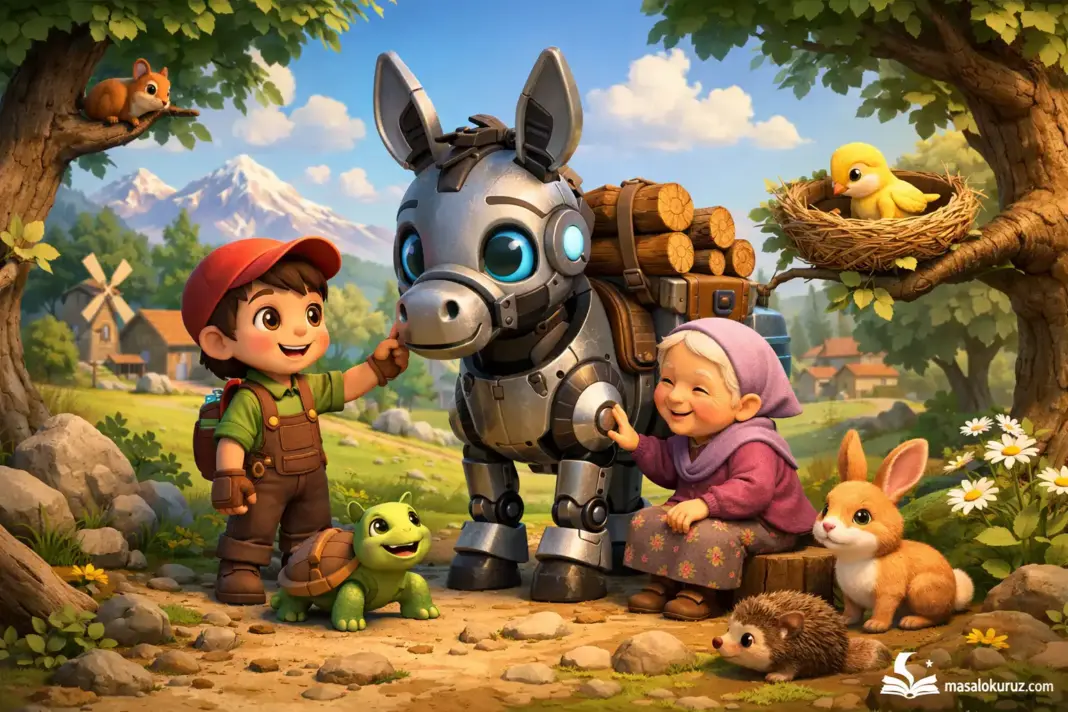 3D animasyon tarzında robot eşek, çocuk ve yaşlı kadın ile doğada yardımlaşmayı anlatan eğitici çocuk masalı sahnesi