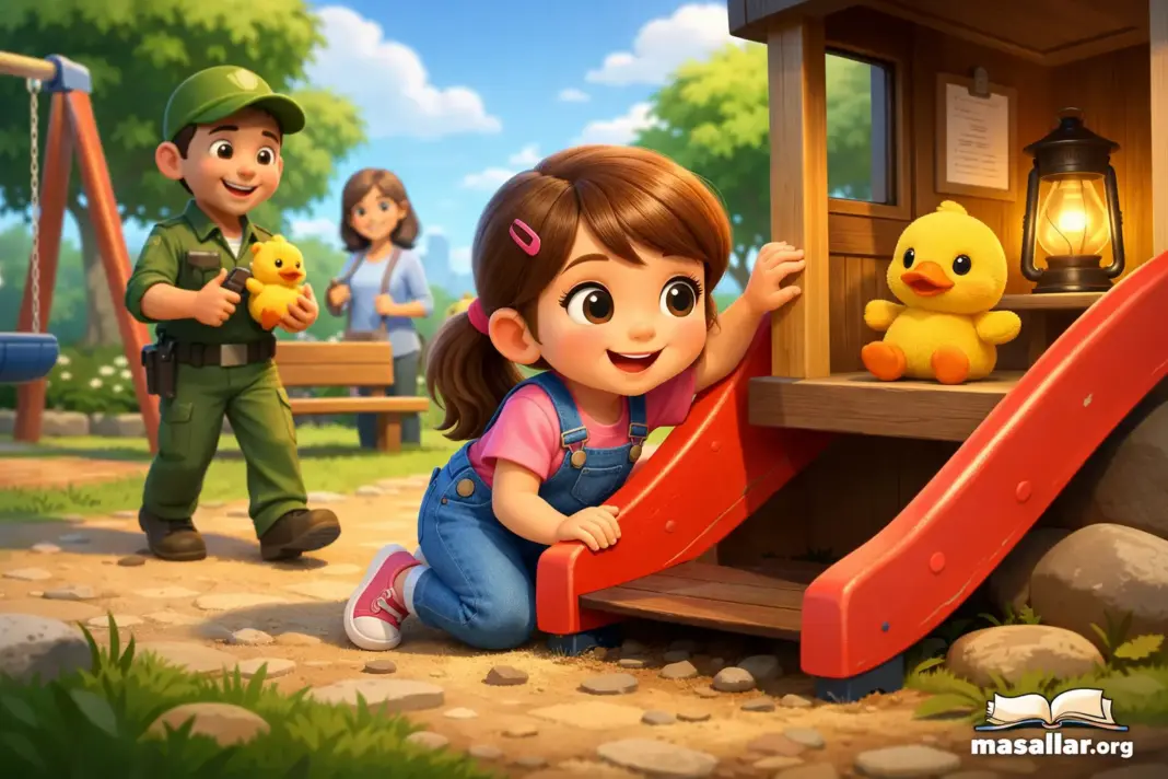 Parkta kaybolan sarı oyuncağını arayan küçük kız Elif’i anlatan 3D animasyon çocuk masalı sahnesi