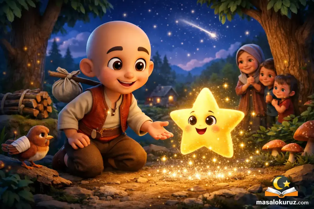 Keloğlan’ın ormanda parlayan yıldızla karşılaştığı 3D animasyon tarzında çocuk masalı sahnesi, iyilik ve yardımseverlik temalı masal görseli.