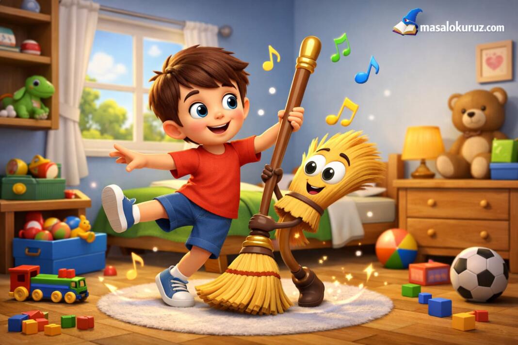 Odasında sihirli süpürgeyle dans ederek temizlik yapan mutlu çocuk 3D animasyon masal görseli