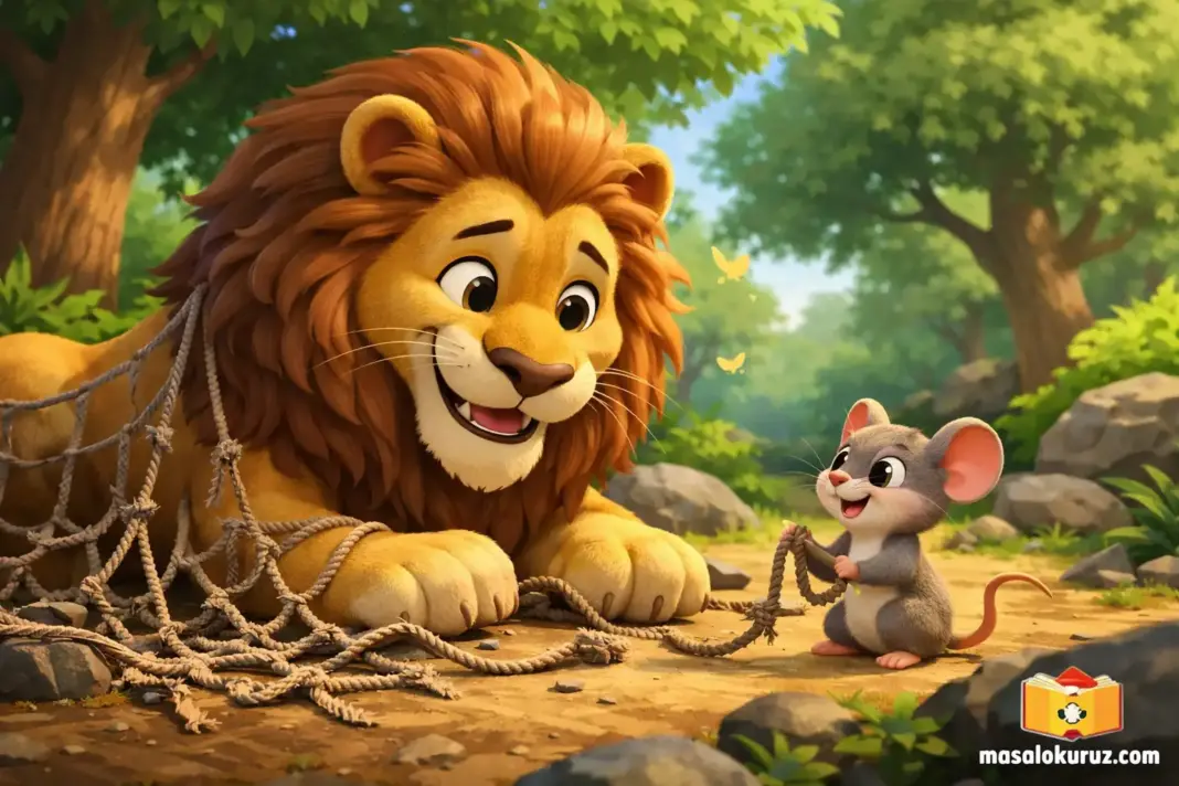 Aslanı ağdan kurtaran küçük fareyi anlatan çocuklara yönelik eğitici Aslan ve Fare masalı 3D animasyon görseli