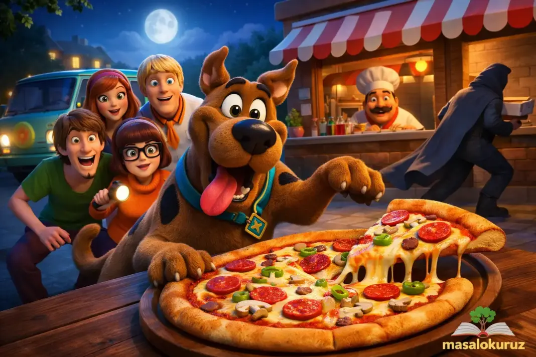 Scooby-Doo ve arkadaşlarının kaybolan pizzanın gizemini çözdüğü, parkta geçen yatay format 3D animasyon masal sahnesi