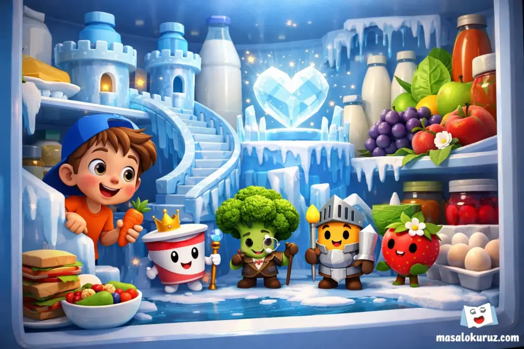 Buzdolabı içinde geçen Jerry’nin Buzdolabı Kalesi masalını anlatan, konuşan yiyecek karakterler ve çocuk kahraman içeren yatay 3D animasyon sahnesi