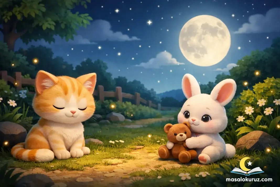 Ay ışığında bahçede oturan sevimli kedi Miskin ve oyuncak ayısını tutan tavşan karakterinin yer aldığı 3D çocuk masalı illüstrasyonu.