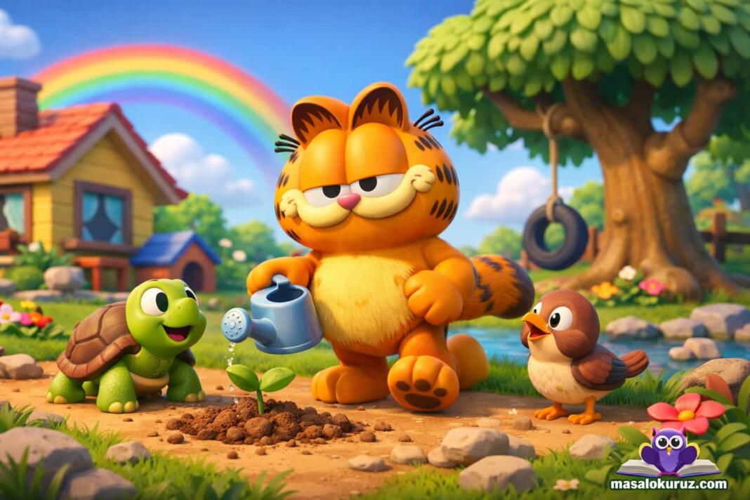 Garfield karakterinin 3D animasyon tarzında bahçede bitki suladığı, yanında kaplumbağa ve kuş bulunan eğitici çocuk masalı görseli