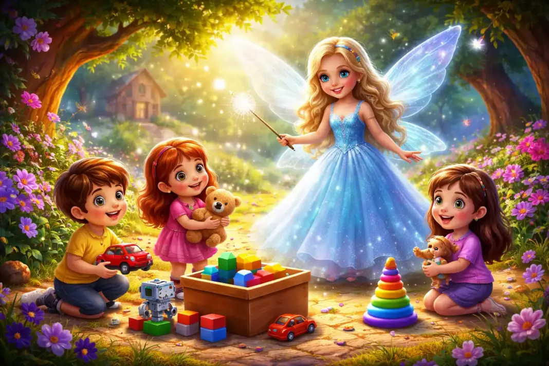 Mavi elbiseli peri ve çocukların birlikte oyuncaklarını topladığı, ormanda geçen 3D animasyon tarzı eğitici çocuk masalı sahnesi.
