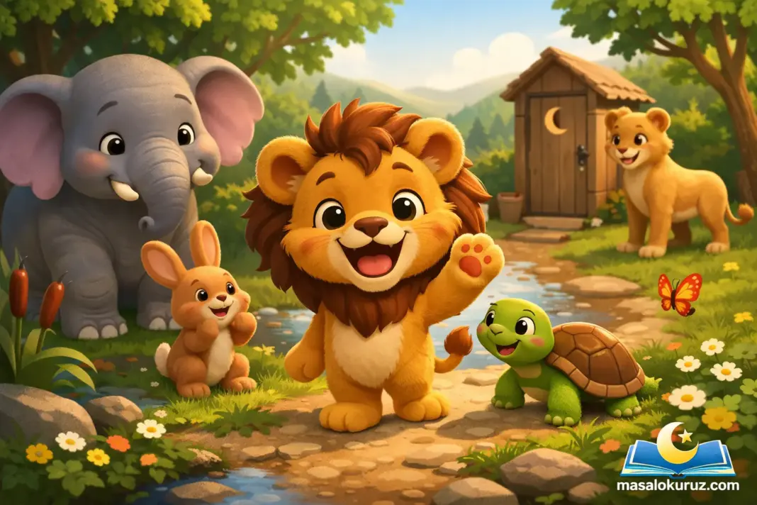 Tuvalet alışkanlığı kazanan Aslan Leo ve arkadaşlarını anlatan eğitici çocuk masalına ait 3D animasyon orman sahnesi