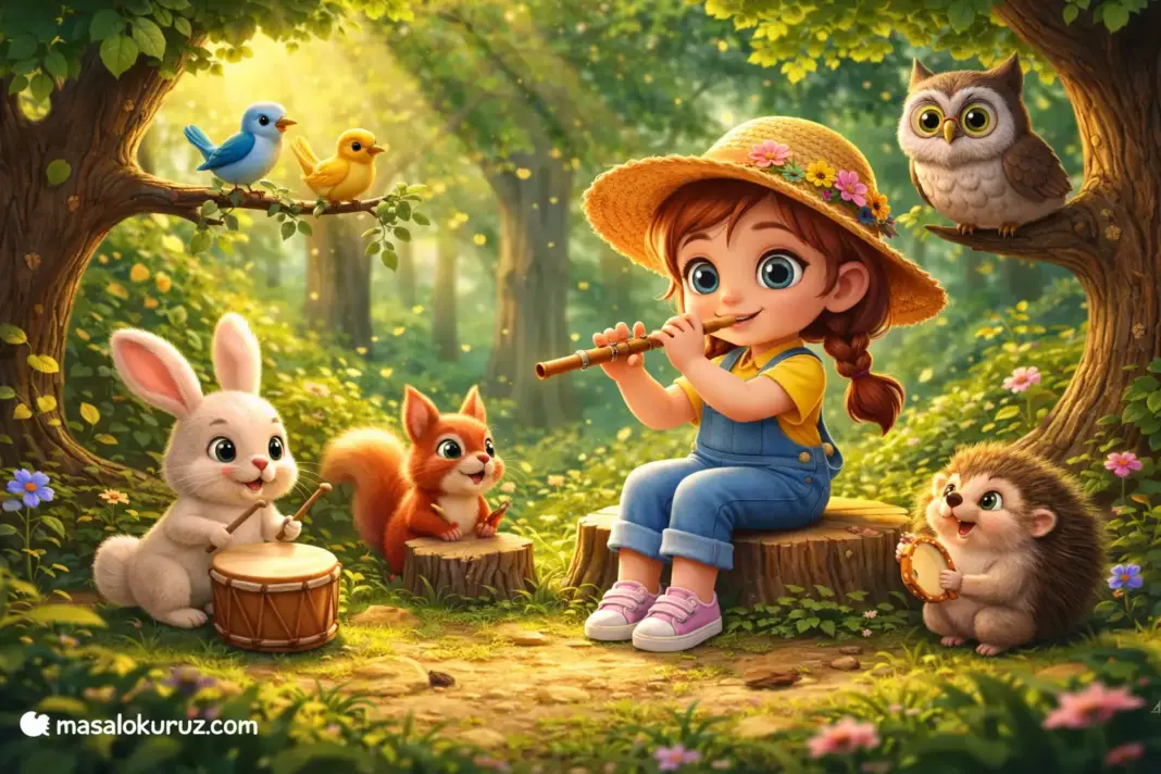 Ormanda flüt çalan küçük kız ve etrafında müzik yapan sevimli hayvanlar 3D animasyon masal görseli