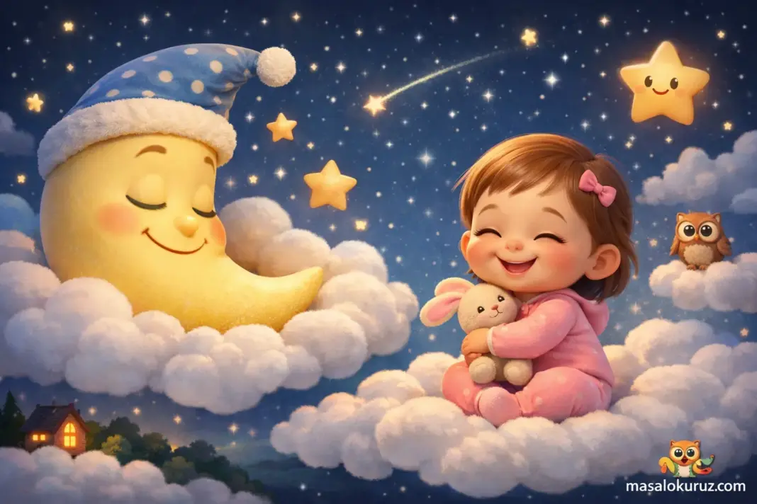 Uyuyan Ay ve gülümseyen bebeği anlatan 3D animasyon çocuk masalı illüstrasyonu, gece gökyüzünde ay, yıldızlar ve mutlu bebek sahnesi