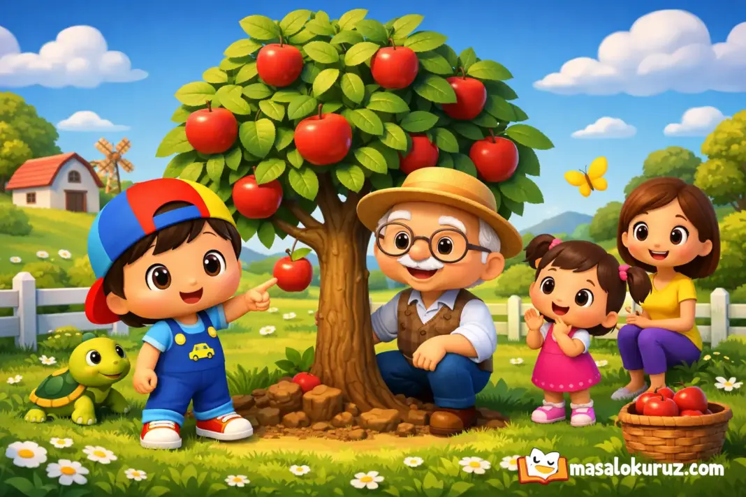 Pepee sabır ağacı masalı sahnesi, elma ağacı yanında dede ve çocukların olduğu 3D animasyon çocuk masalı görseli