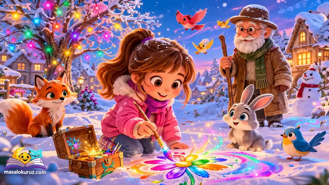 Karlı köyde sihirli fırça ile kar üzerine renkli çiçek çizen küçük kız ve etrafında hayvanlar, masalsı 3D animasyon sahnesi